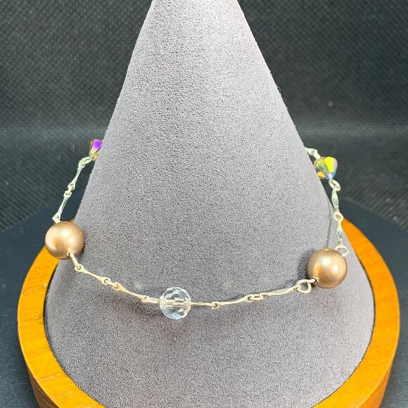 VTG Sterling Silver Champagne Faux Pearl Swarovski Crystal Station Bracelet 7.5" - Picture 2 of 11